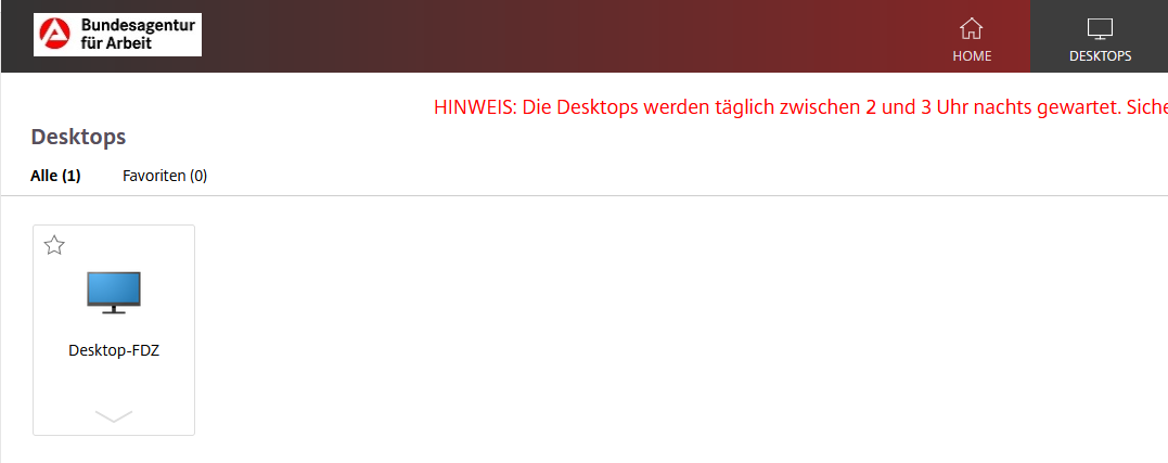 Die Grafik zeigt die Oberfläche des Citrix Workspace mit dem FDZ-Remote-Desktop als Kachel