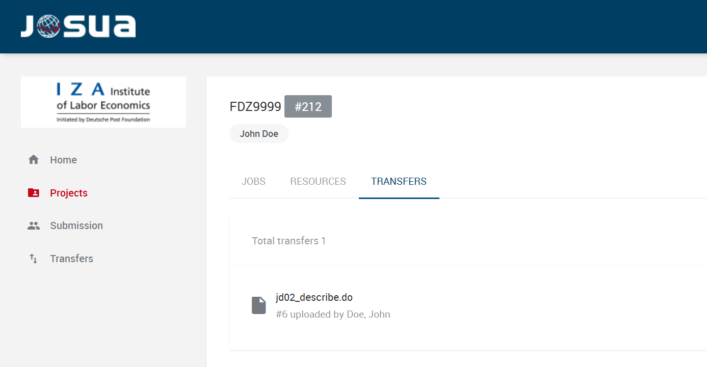 Die Abbildung zeigt den Reiter Transfers. Hier sind alle hochgeladenen Do-Files aufgelistet.