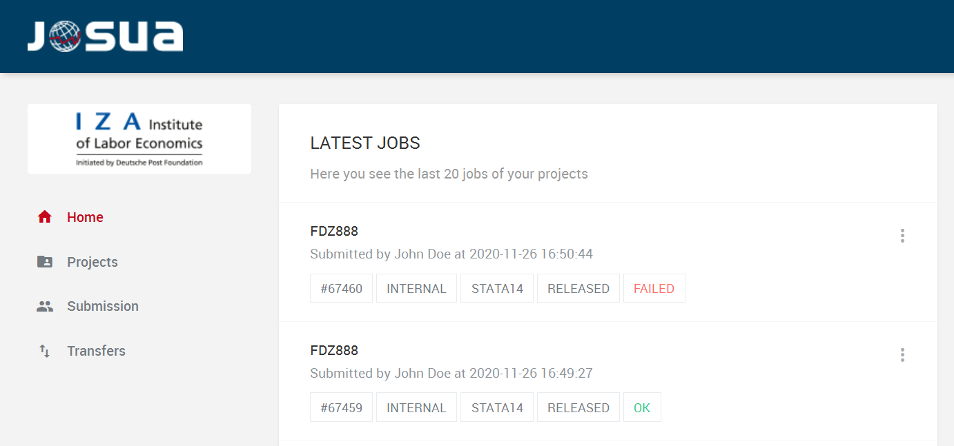 The figure shows the Home tab in JoSuA. Here you can view the status of your jobs.