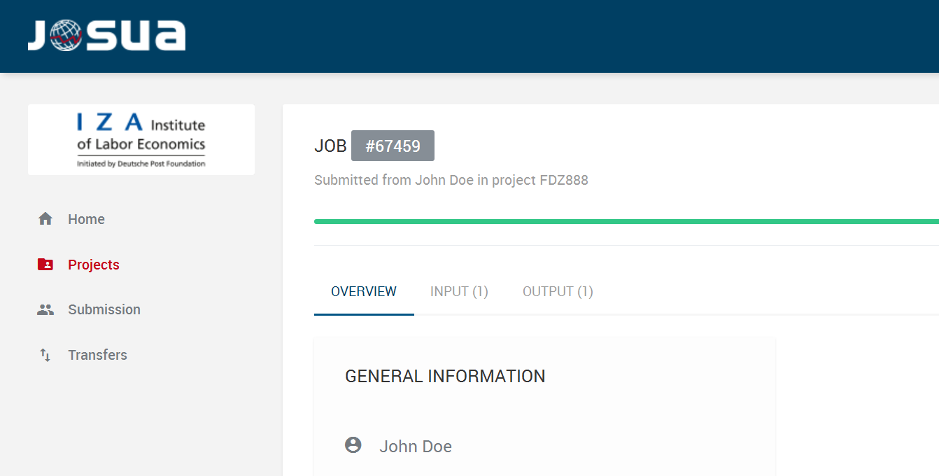 Details of Selected Job The figure shows the detailed view of the selected job. In the detailed view, you can choose between the tabs Overview, Input and Output.