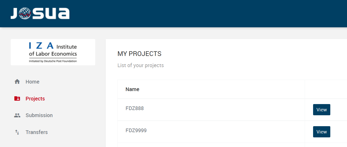 The figure shows the project view. The different projects are listed in the project view window and you can switch to the detailed view of the selected project by clicking on "View".