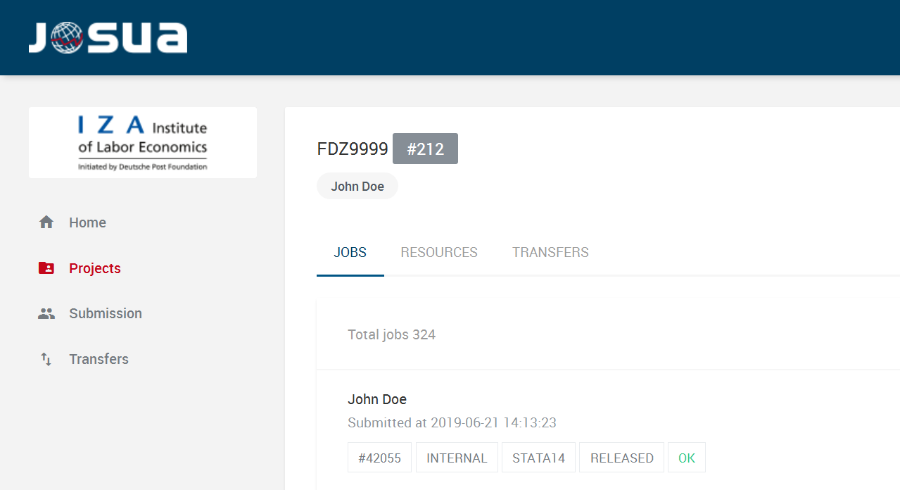 The figure shows the project information of the selected project using the Jobs tab.