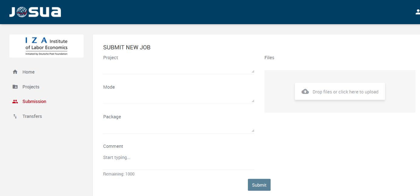 The figure shows the Submission tab. New jobs can be uploaded to JoSuA here.